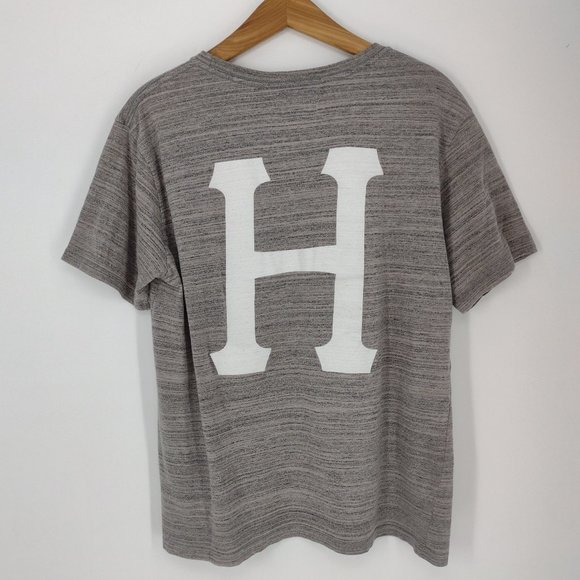 HUF Big H Logo (On Back) Gray & White Skate T-Shirt - Picture 1 of 5